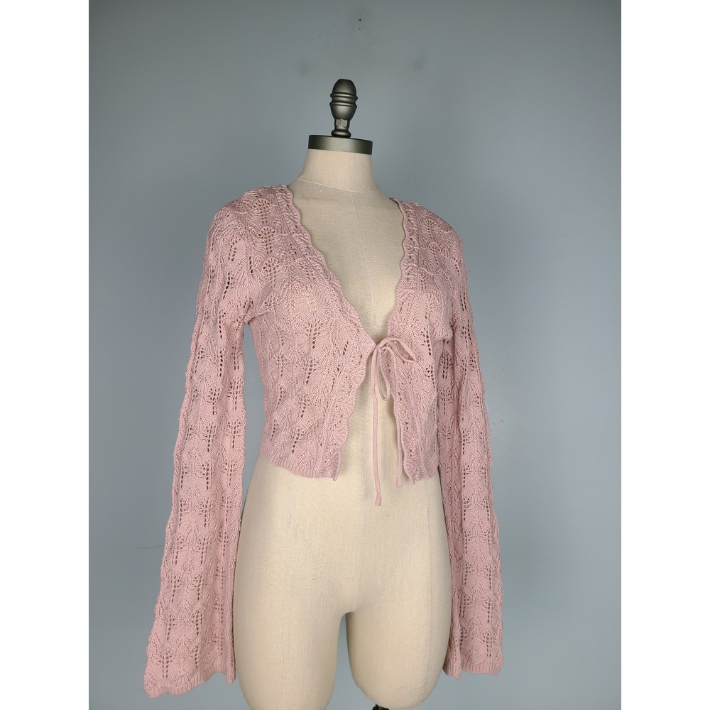Freshman Sz XS Bell Sleeve Cardigan Fitted Pink Crochet Cottagecore Boho Western